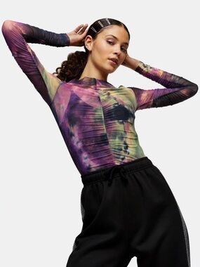 Topshop Tie Dye Ruched Mesh Long Sleeve Top | Purple Multi | Size 6 (Fits XS–S)
